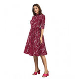 Maroon printed cotton 3/4 sleeve shirt dress with collar