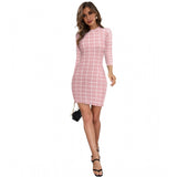 Peach polyester high-neck full sleeve dress for women, solid design on model