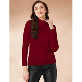 Maroon polyester solid high neck full sleeve t-shirt for women, ideal for casual wear