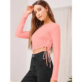Peach polyester women's round neck full sleeve top - solid style for casual wear