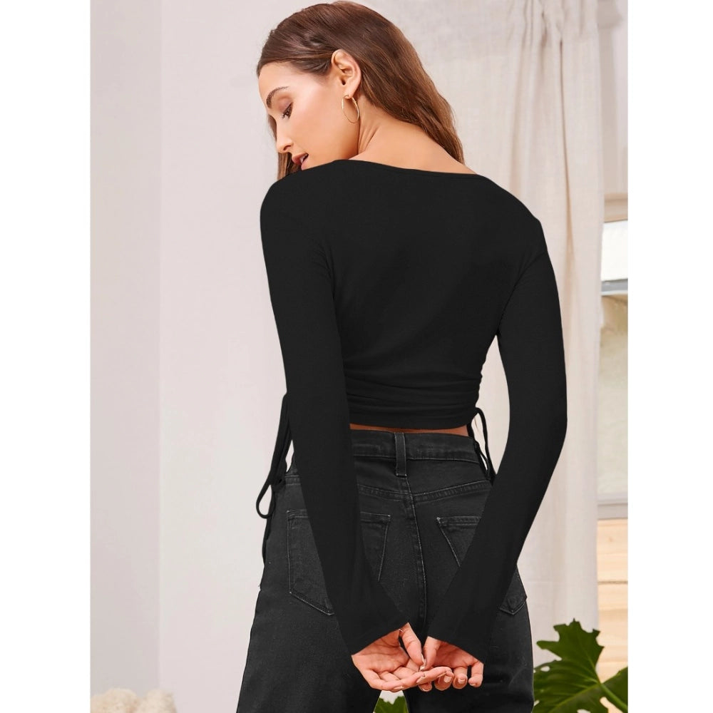 Black polyester round neck full sleeve top for women, solid style with close-up focus