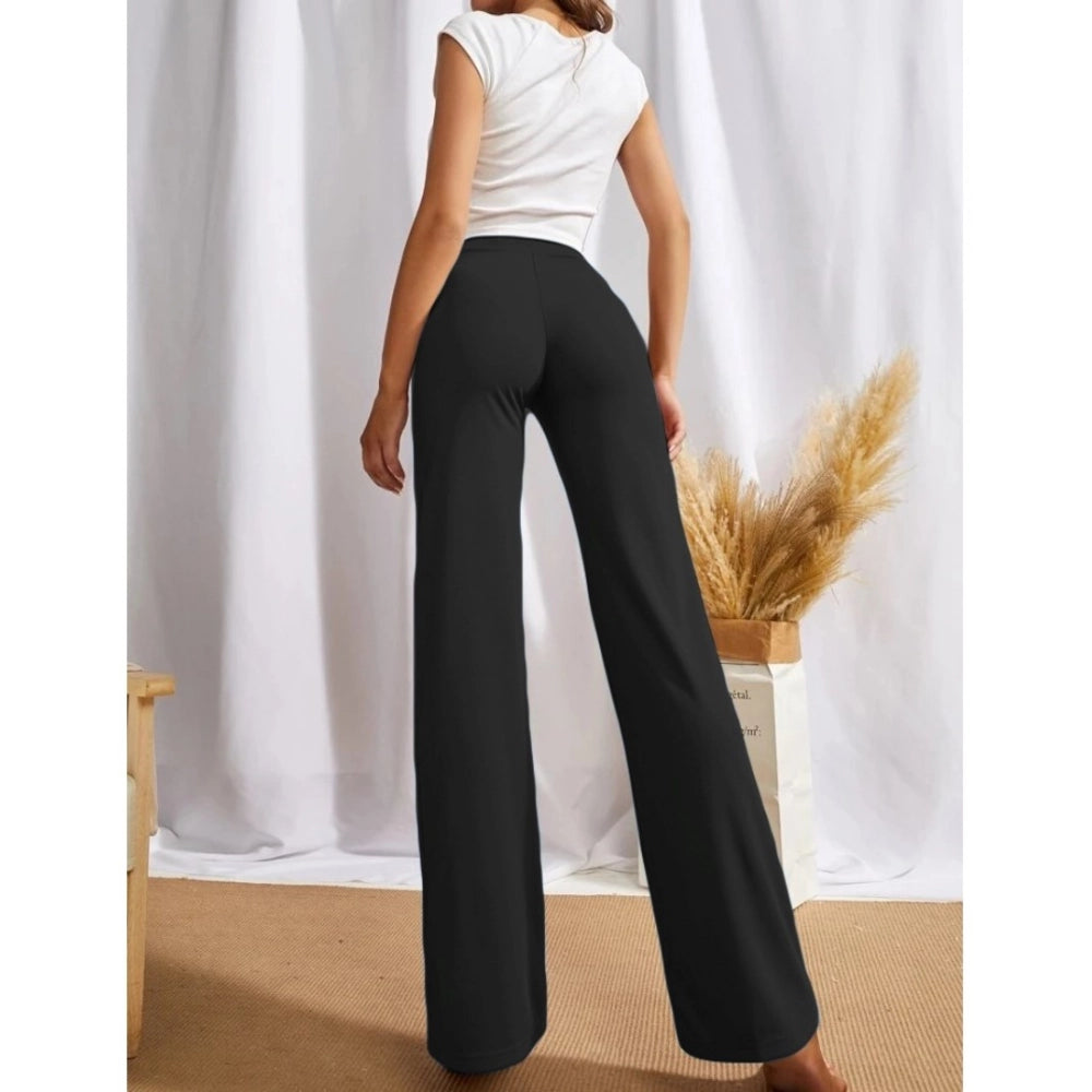 Black polyester regular fit women's pants - mid-rise, solid design, pull-on style