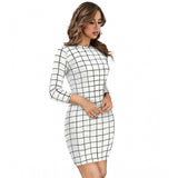 White polyester high-neck full sleeve dress, solid design for women's formal wear