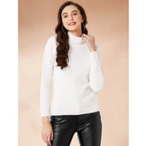 White polyester high neck full sleeve t-shirt for women, solid design with close-up focus