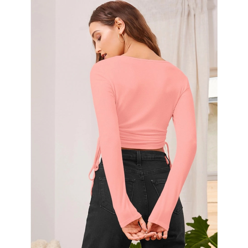 Peach polyester solid round neck full sleeve top for women's casual wear