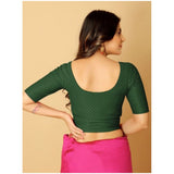 Green hosiery printed crop blouse set, slip-on short sleeves round neck non-padded blouses for women on display