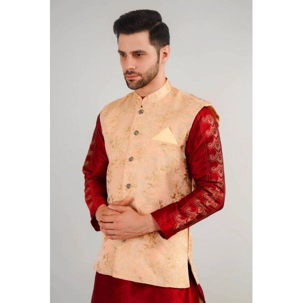 Beige jacquard self-design sleeveless mandarin neck waistcoat for men, intricate pattern detail close-up