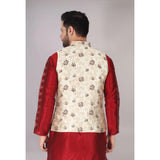 Cream jacquard self-design sleeveless mandarin neck waistcoat for men, intricate pattern detail