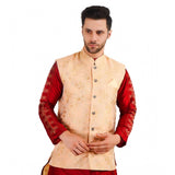 Beige jacquard self-design sleeveless mandarin neck waistcoat - men's fashionable layering piece, stylish detailing