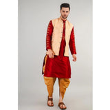 Beige Jacquard self-design sleeveless mandarin neck waistcoat for men, intricate pattern on display