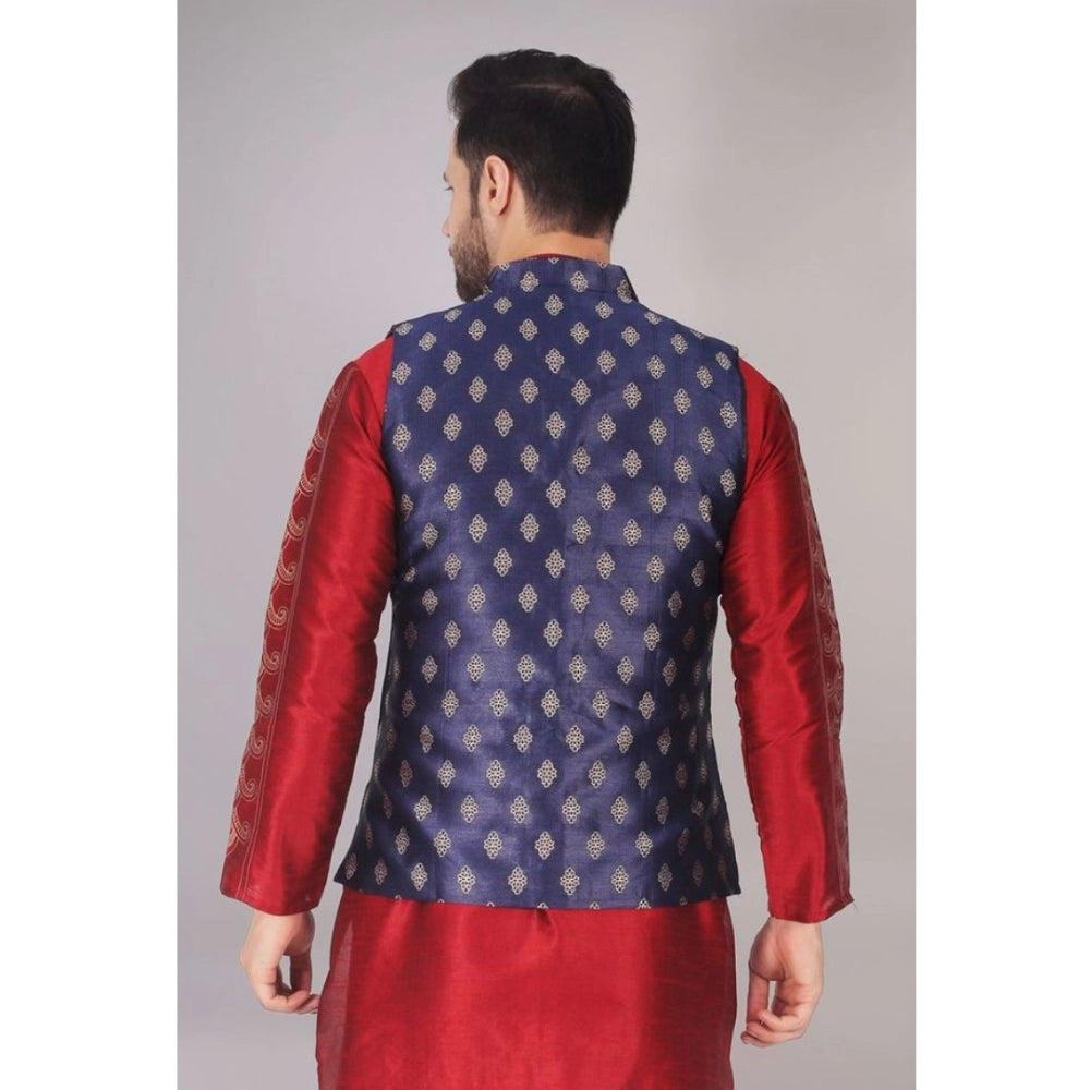 NavyBlue-Gold Jacquard self-design sleeveless Mandarin neck waistcoat for men, stylish accessory with intricate pattern on display