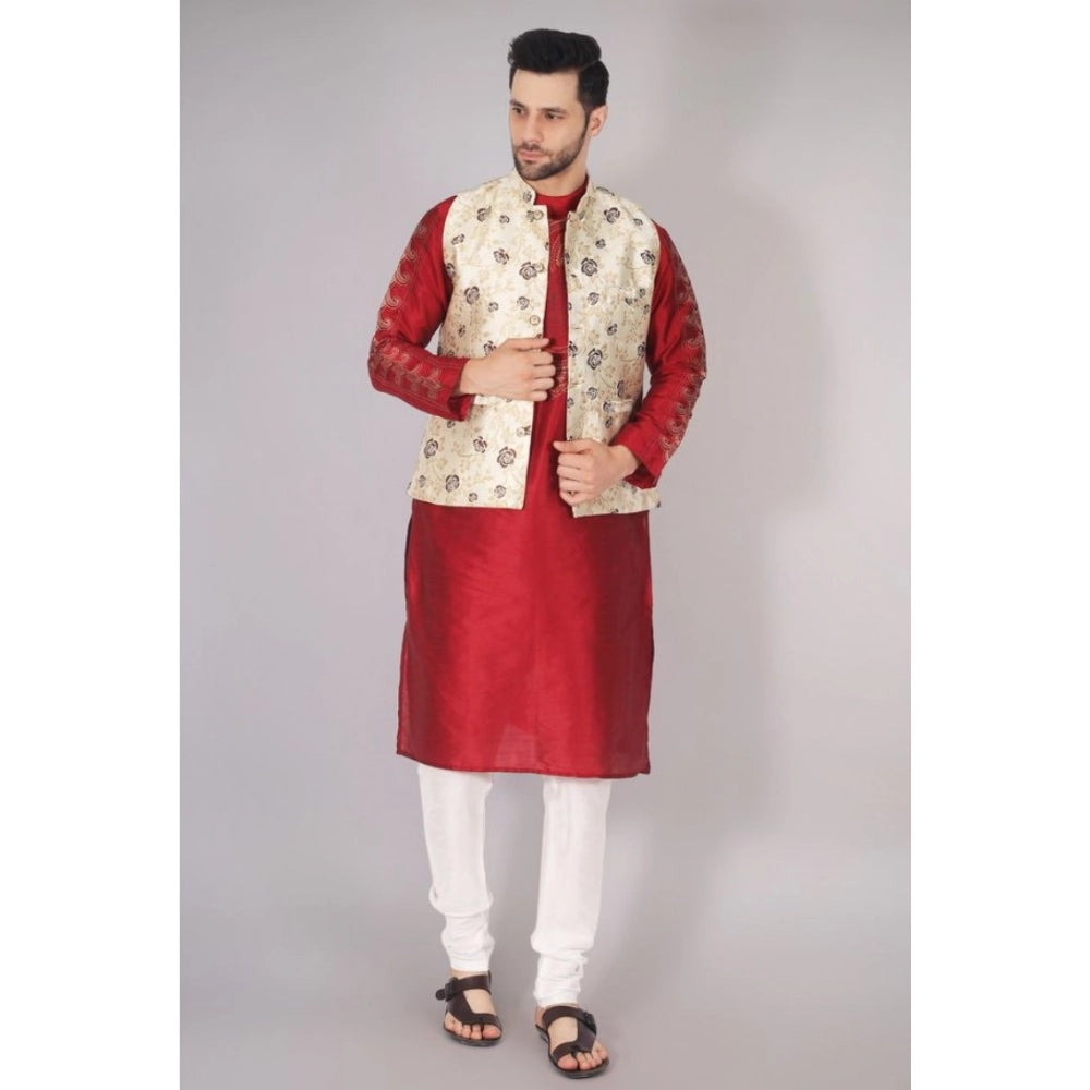 Cream jacquard self-design sleeveless mandarin neck waistcoat for men, intricate pattern detail