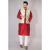 Cream jacquard self-design sleeveless mandarin neck waistcoat for men, intricate pattern detail