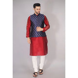 NavyBlue-Gold jacquard self-design sleeveless mandarin neck waistcoat for men, intricate patterns visible