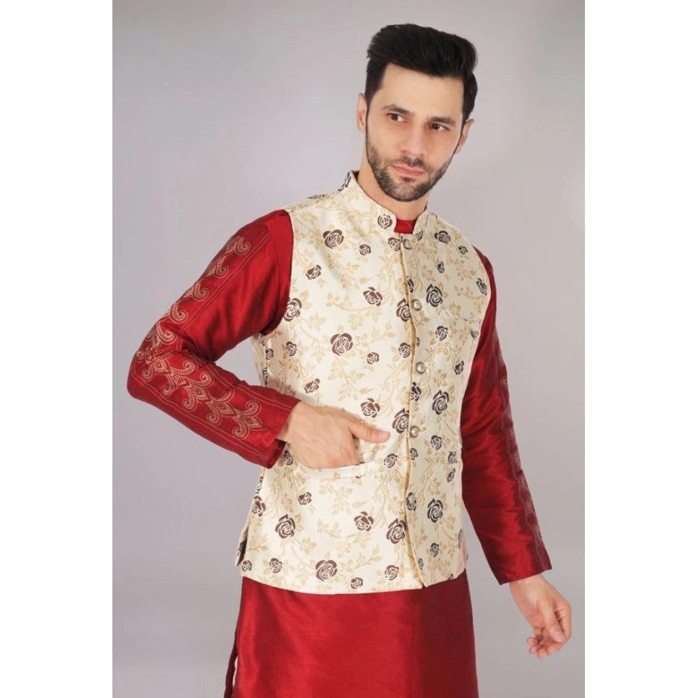Cream jacquard men's self-design sleeveless mandarin waistcoat, close-up of intricate pattern details