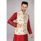 Cream jacquard men's self-design sleeveless mandarin waistcoat, close-up of intricate pattern details