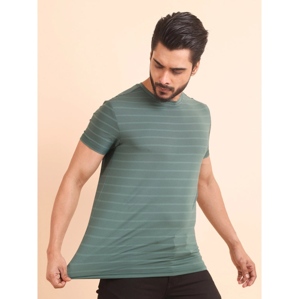 Green nylon men's casual half-sleeve round neck solid T-shirt