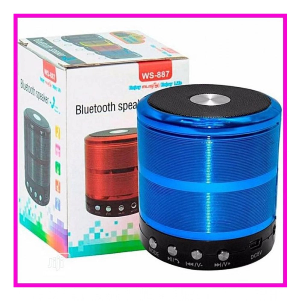Blue plastic rubber wireless Bluetooth speaker (WS887), USB chargeable, portable audio device on table