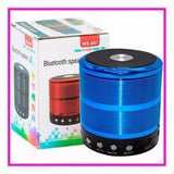 Blue plastic rubber wireless Bluetooth speaker (WS887), USB chargeable, portable audio device on table