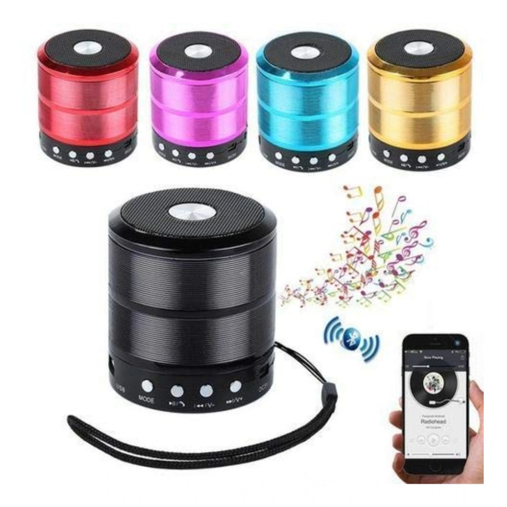 Black plastic rubber wireless WS887 Bluetooth speaker, portable audio device on table