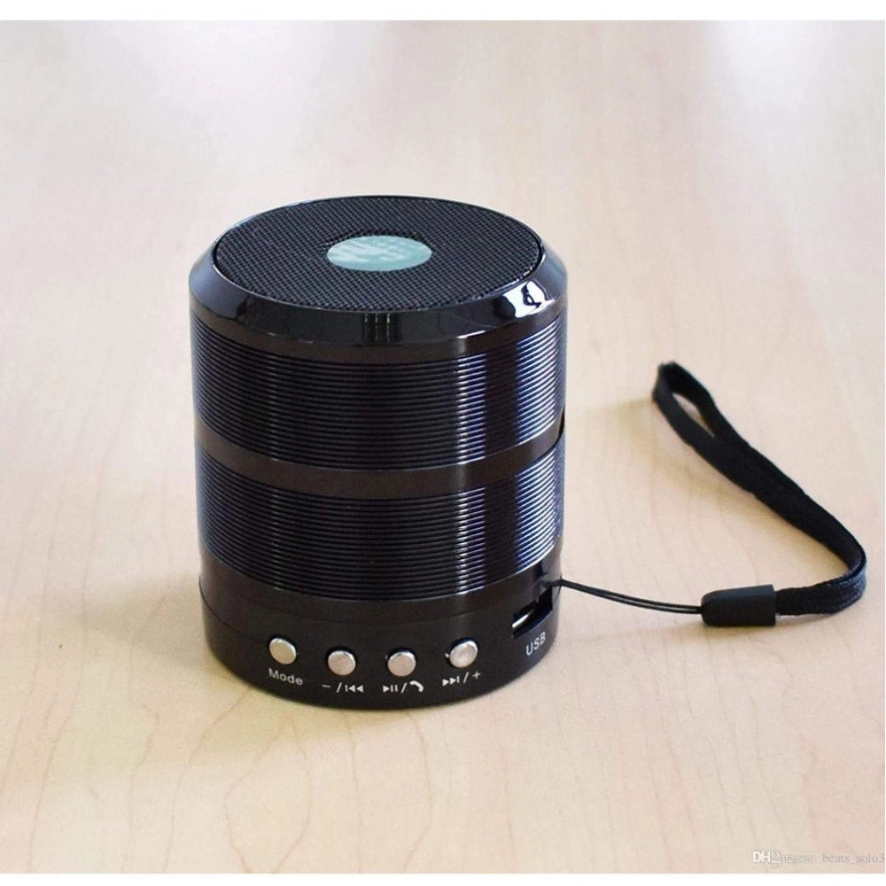 Black plastic rubber wireless Bluetooth speaker (WS887), USB chargeable, portable audio device on table