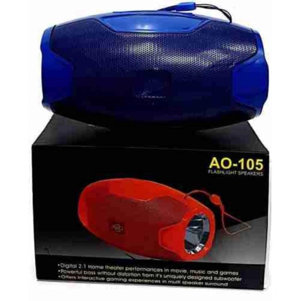 Blue plastic rubber wireless Bluetooth speaker (AO105 model), USB chargeable on tabletop