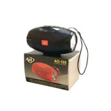 Black plastic rubber wireless AO105 Bluetooth speaker on charging dock, USB chargeable audio device