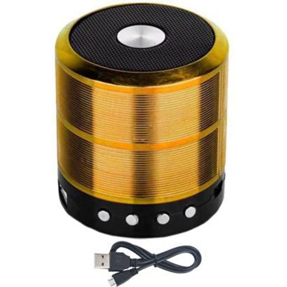 Gold plastic rubber wireless Bluetooth speaker, USB chargeable with sleek design on a table