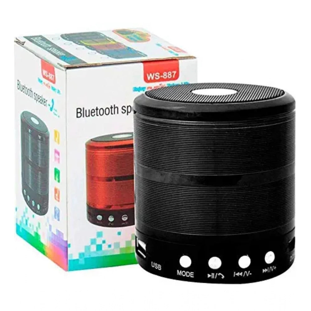 Black plastic rubber wireless Bluetooth speaker (WS887), USB chargeable audio device on table