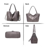 Grey PU leather large shoulder zipper handbag with round twin handles and adjustable sling strap