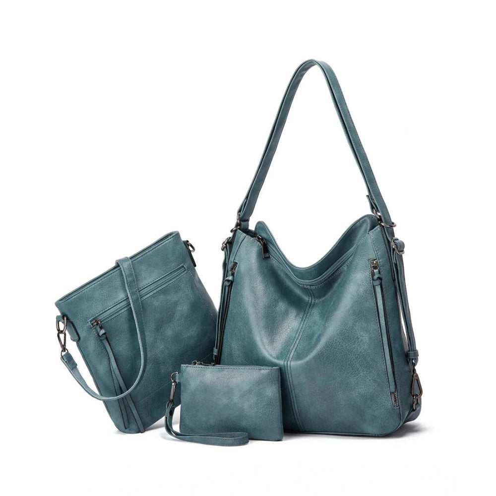 Blue PU leather medium shoulder zipper handbag with adjustable sling strap and two handle straps
