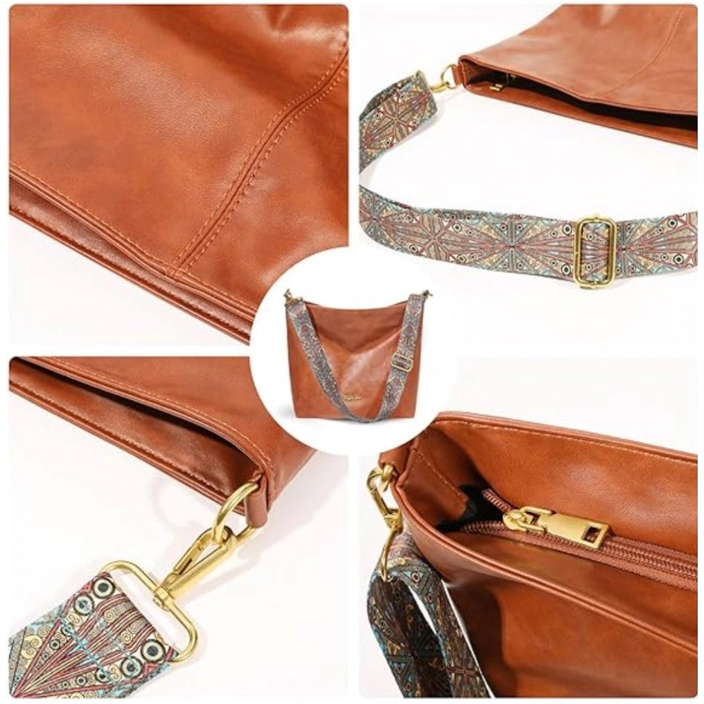 Brown PU leather medium sling bag with adjustable-removable strap and zipper closure