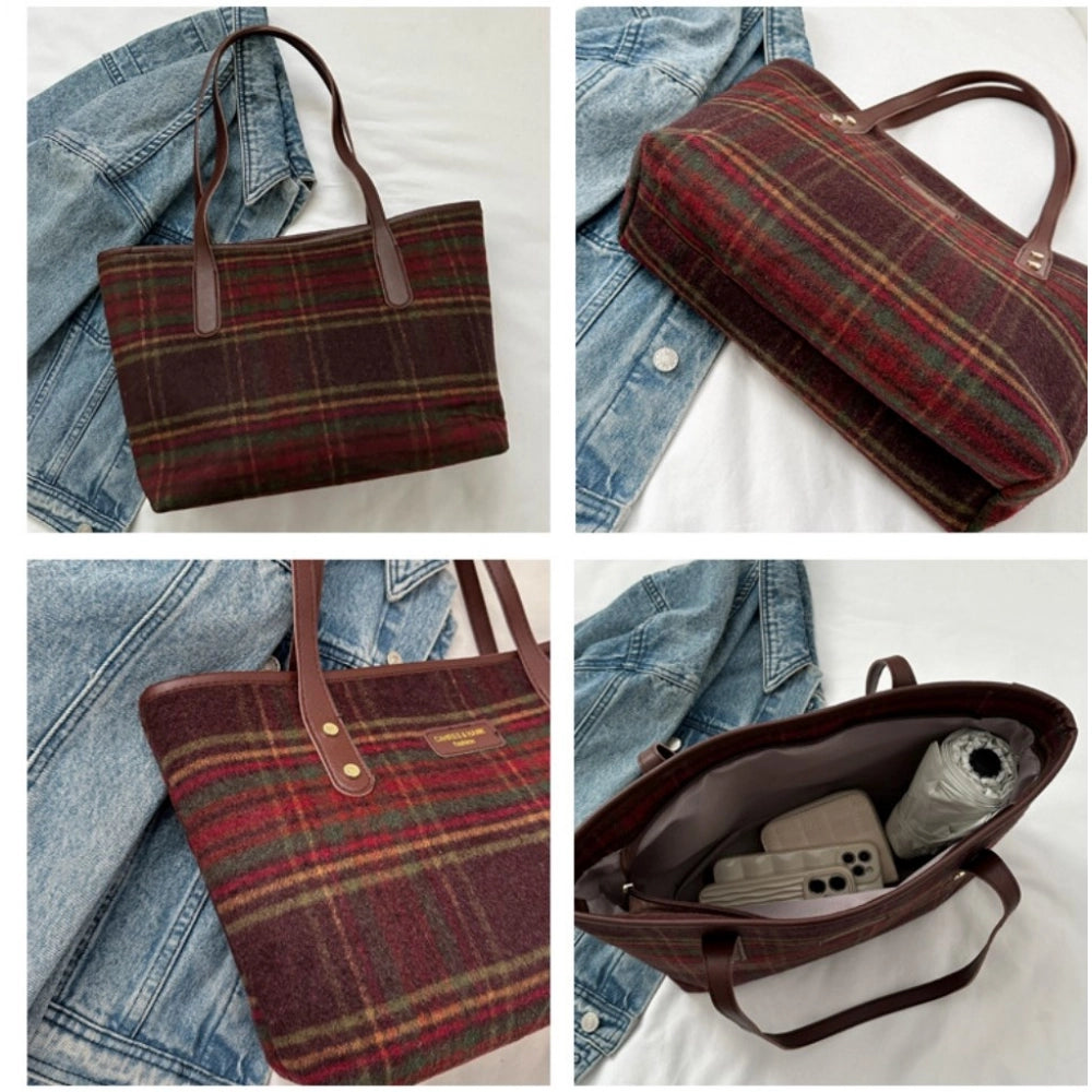 Red woolen medium shoulder zipper handbag with two handle straps and fix sling strap for women's fashion accessory