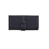 Black faux leather medium wallet with snap button, ideal for women's accessories