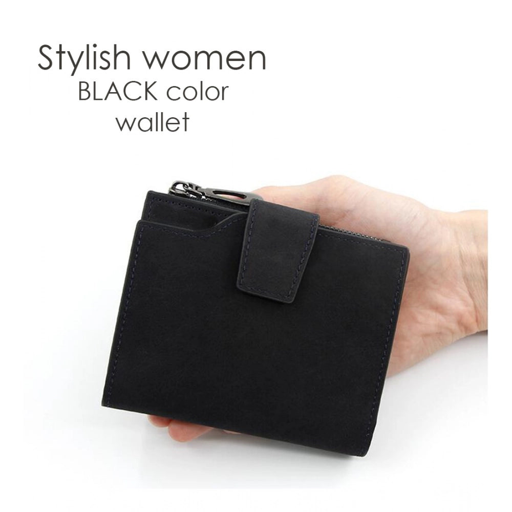 Black vegan leather small zipper wallet for women, solid design