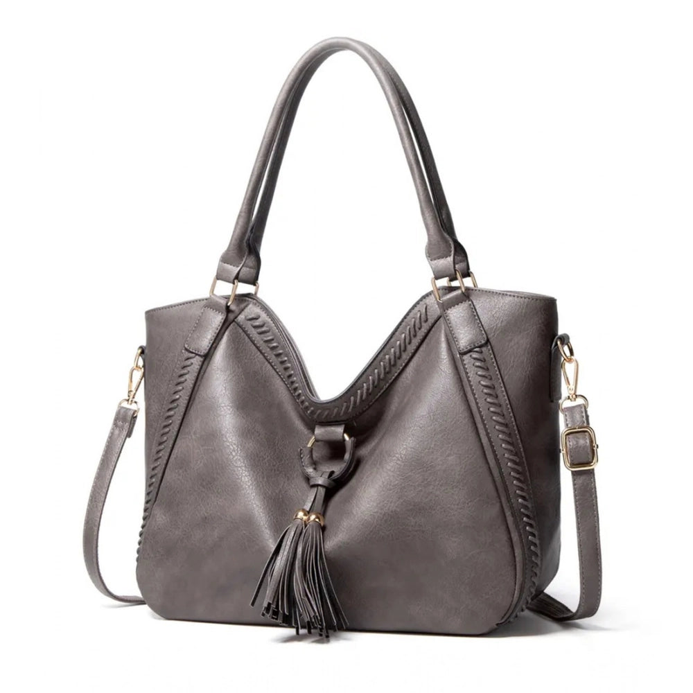Grey PU leather large zipper handbag for women, round twin handles with adjustable sling strap