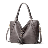 Grey PU leather large zipper handbag for women, round twin handles with adjustable sling strap