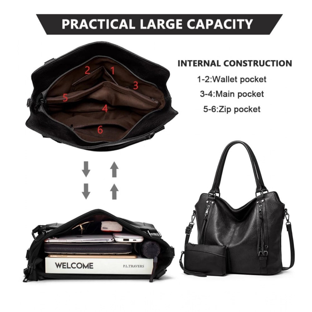 Black PU leather large shoulder zipper handbag for women, adjustable sling strap and twin round handles