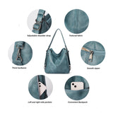 Blue PU leather medium shoulder zipper handbag with adjustable sling strap and two handle straps