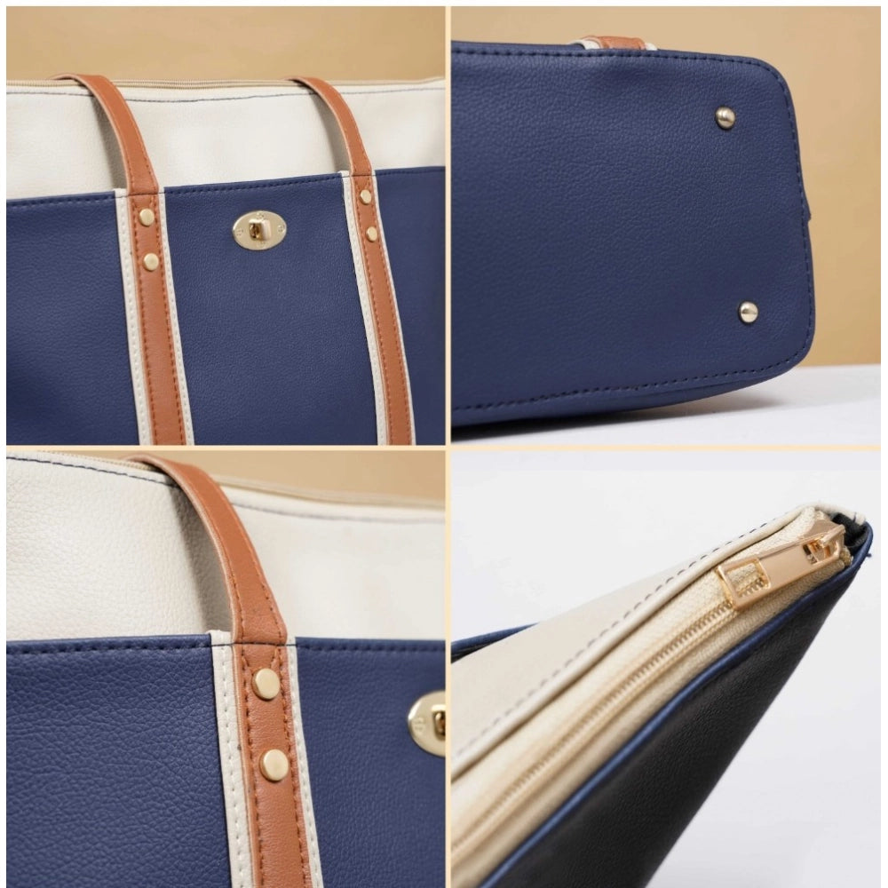 Dark blue faux leather large shoulder zipper handbag with two handle strap and fix sling strap