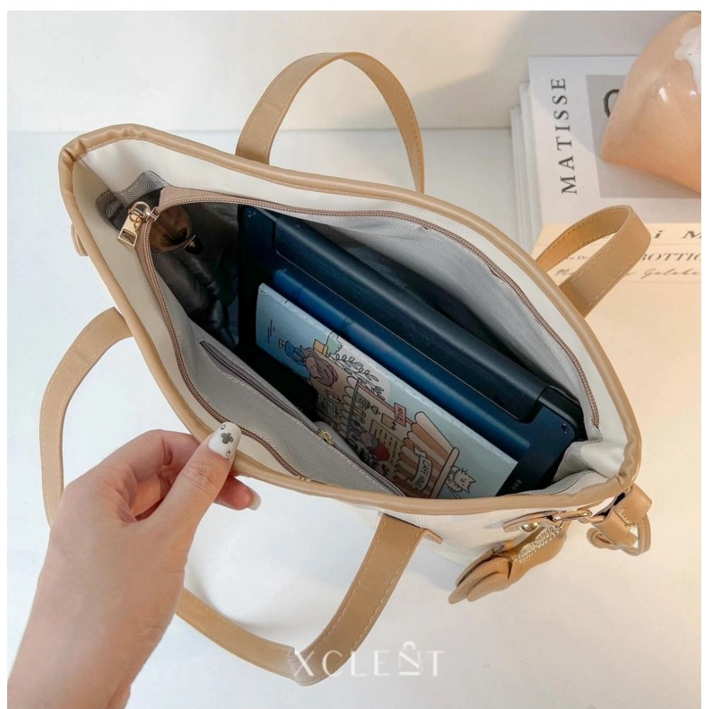 White canvas medium shoulder zipper handbag with two handle straps and fix sling strap