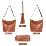 Brown PU leather medium sling bag, adjustable strap and guitar belt handle, zipper closure handbag