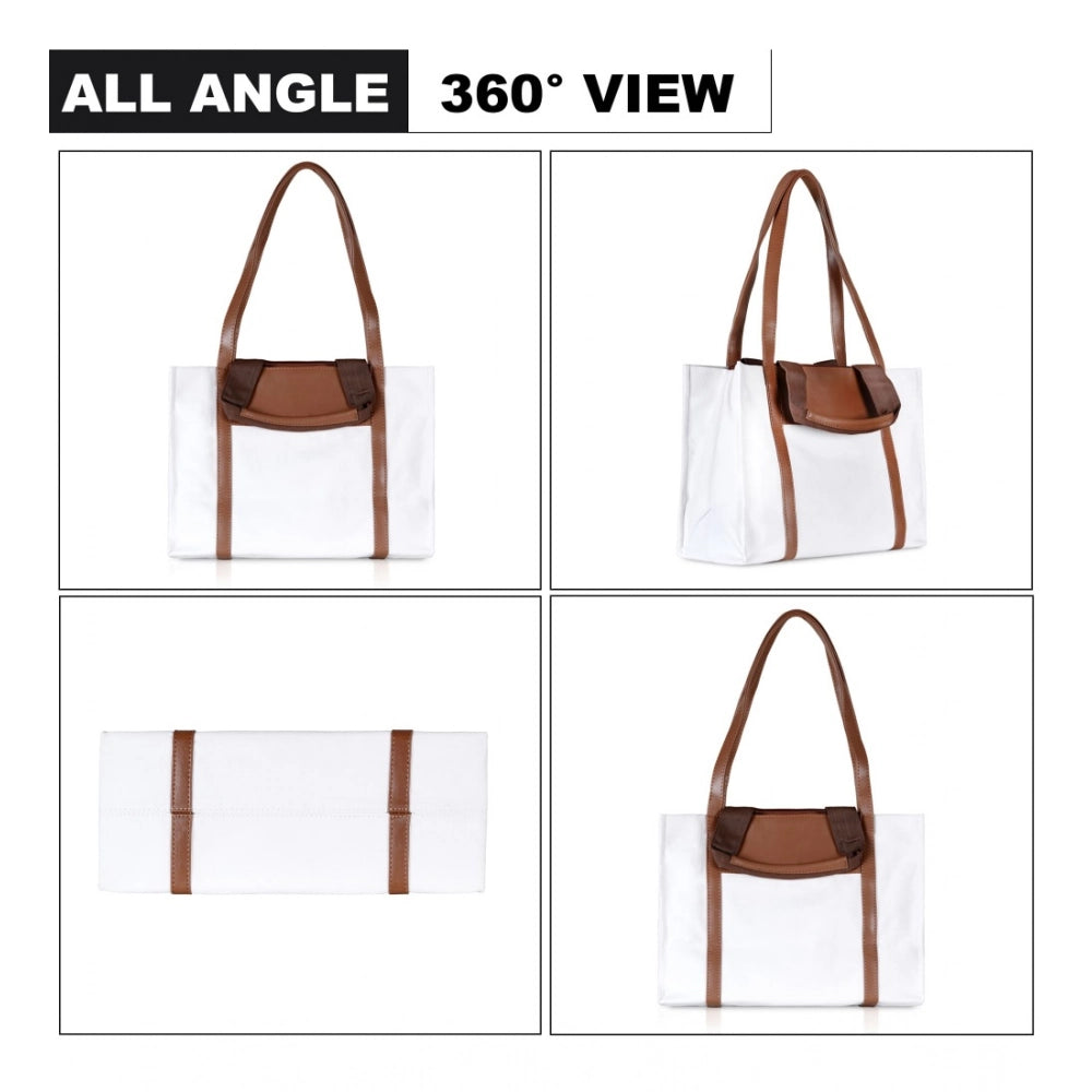 White canvas medium satchel handbag with two handle straps and fix sling strap