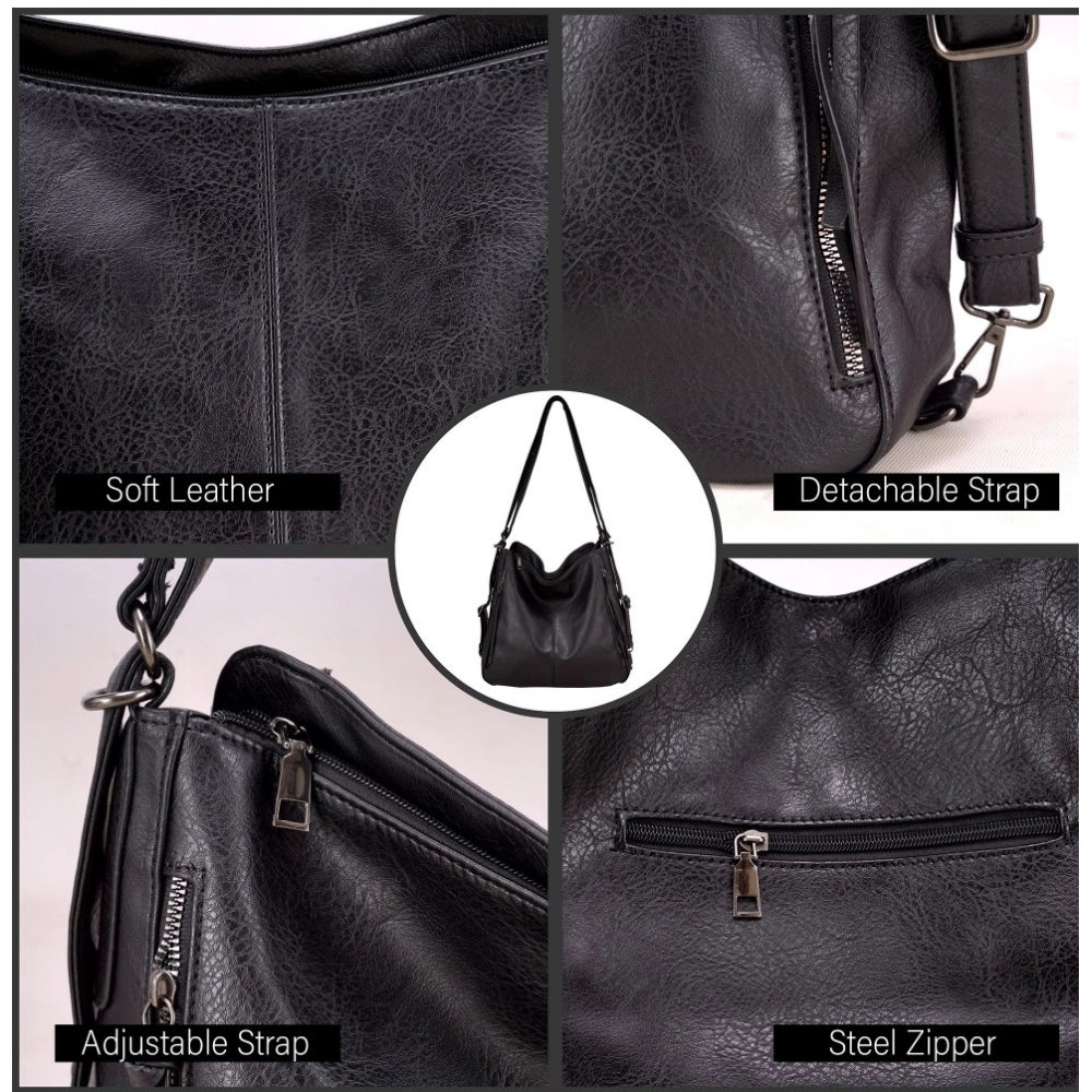 Black PU leather medium shoulder zipper handbag for women, adjustable sling strap and two handle straps