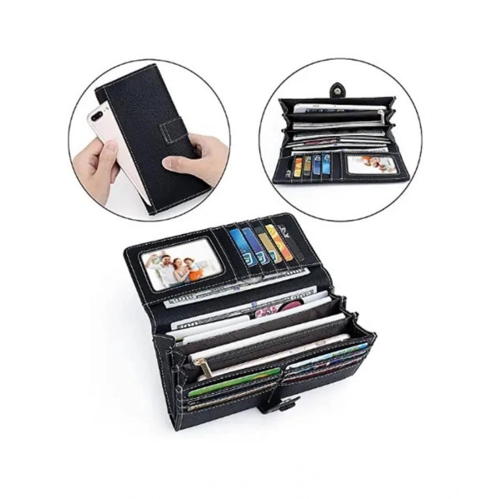 Black faux leather medium wallet, solid design for women's accessories