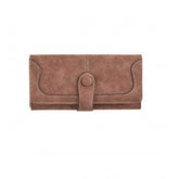 Brown faux leather women's wallet, medium size with snap button closure