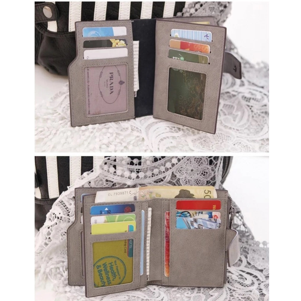 Grey vegan leather small zipper wallet, solid pattern for women's everyday carry