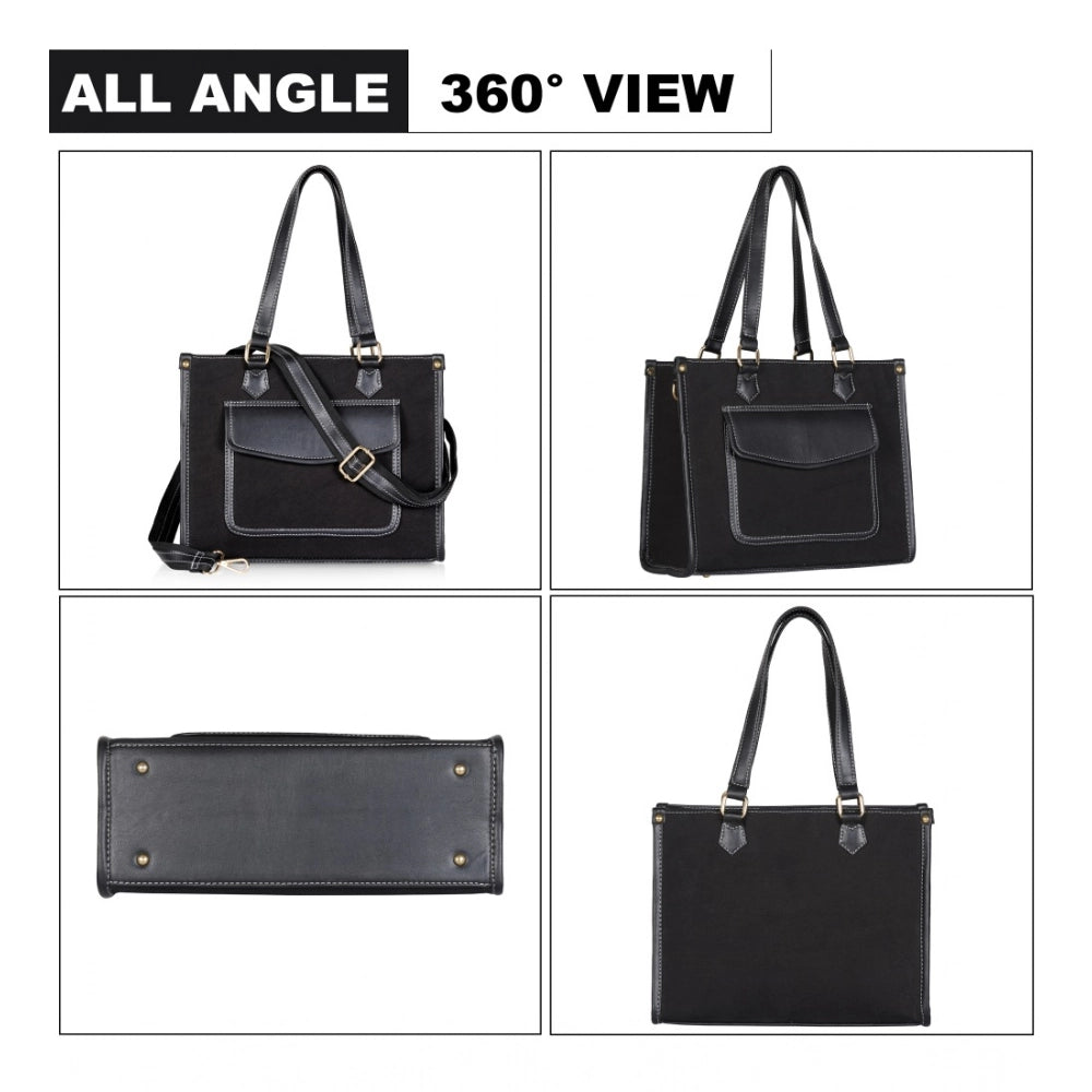 Black canvas medium top handle satchel zipper handbag with adjustable sling strap