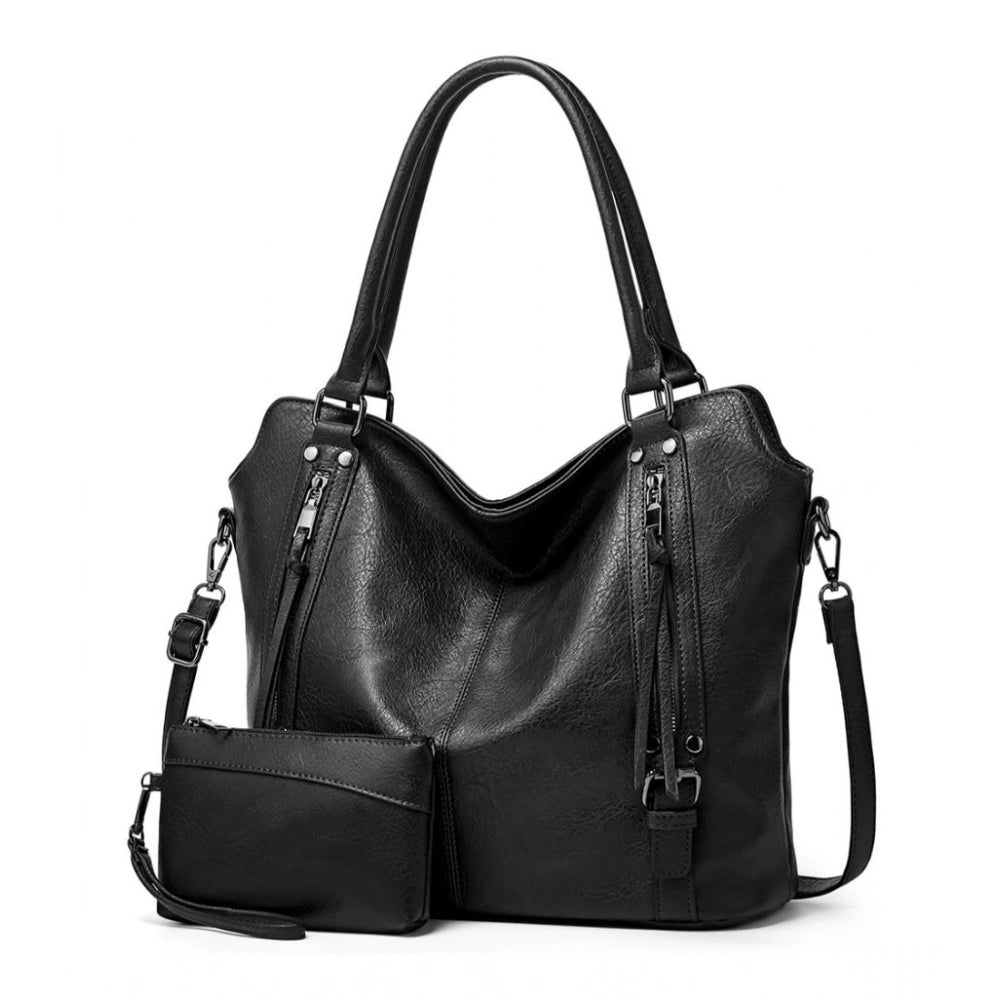 Black PU leather large shoulder zipper handbag for women, adjustable sling strap and twin round handles