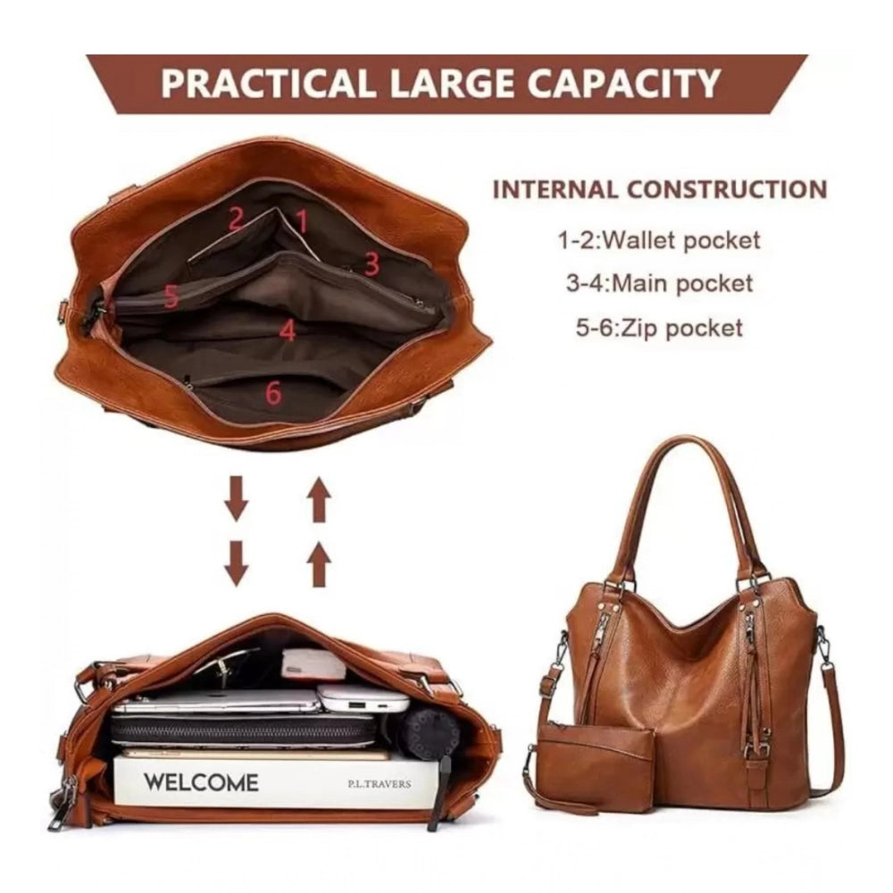 Brown PU Leather Large Zipper Handbag for women - adjustable sling strap and round twin handles